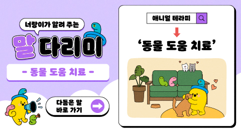 너랑이가 알려 주는 말 다리미
- 동물 도움 치료 -
다듬은 말 바로 가기 →
애니멀 테라피 → '동물 도움 치료'